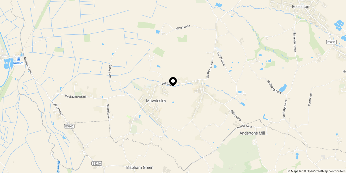 Approximate location of Hall Lane, Mawdesley, Ormskirk, L40 2QY